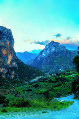 Beautiful sunset in a mountain valley along the road to Chefchaouen in Morocco