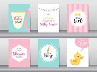 Set of baby shower invitations cards,poster,greeting,template,stork,animal,Vector illustrations - obrazy, fototapety, plakaty
