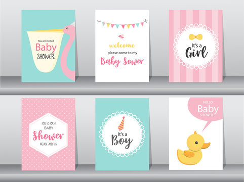 Set of baby shower invitations cards,poster,greeting,template,stork,animal,Vector illustrations