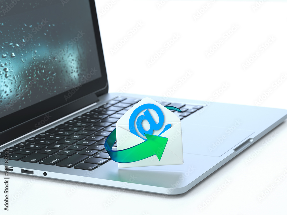 Poster email,email symbol on the keyboard of a latop, 3d rendering,conceptual image. contact and suppot con