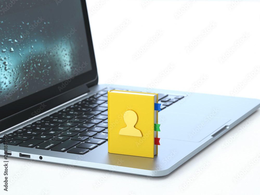 Poster contact list,contact list book on the keyboard of a latop, 3d rendering,conceptual image. support an