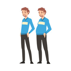 Young Man Before and After Weight Loss, Male Body Changing Through Healthy Nutrition or Sports Vector Illustration