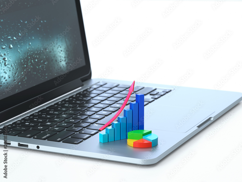 Poster revenue,graph on the keyboard of a latop, 3d rendering,conceptual image. online financial and revenu