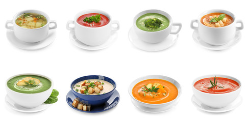 Set of different fresh homemade soups on white background