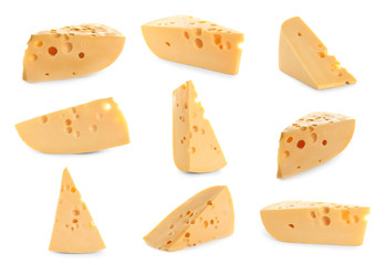 Set of delicious cheese on white background