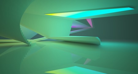 Abstract architectural white interior of a minimalist house with color gradient neon lighting. 3D illustration and rendering.