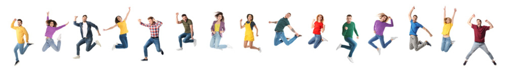 Fototapeta Collage of emotional people jumping on white background. Banner design obraz