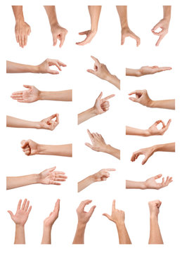 Set of people showing different gestures on white background, closeup view of hands