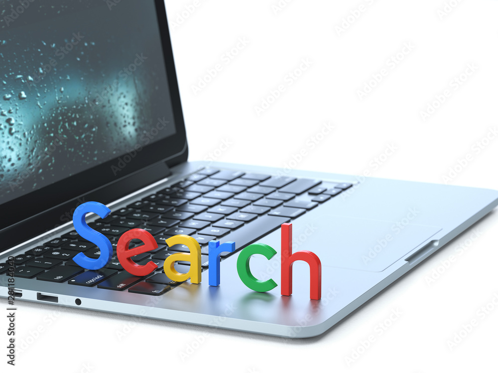 Poster seo symbol on the keyboard of a latop, 3d rendering,conceptual image. online google and search conce