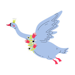 Beautiful Gray Flying Swan Princess with Golden Crown, Lovely Fairytale Bird Queen with Flowers, Vector Illustration