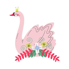 Beautiful Pink Swan Princess with Golden Crown and Flowers, Lovely Fairytale Bird Vector Illustration