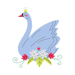 Beautiful Grey Swan Princess with Golden Crown, Lovely Fairytale Bird with Flowers Vector Illustration
