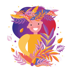 Obraz na płótnie Canvas Bright autumn vector illustration. Happy girl walking in the autumn in the forest among the autumn leaves. Bright, cheerful colors. Stylized leaves and herbs in orange, purple, lilac, pink.