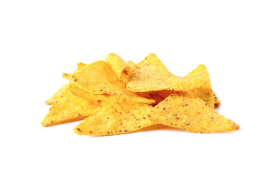 Pile of tasty Mexican nachos chips on white background