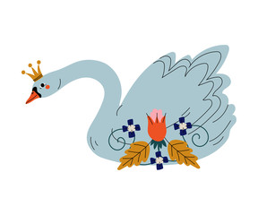 Beautiful Swan Princess with Golden Crown and Flowers, Lovely Fairytale Bird Vector Illustration