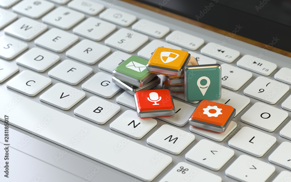 Poster apps,app on the keyboard of a latop, 3d rendering,conceptual image. download and install concepts.