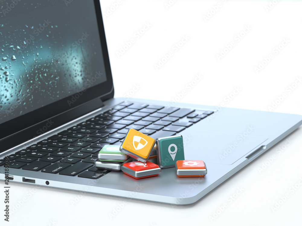 Poster apps,app on the keyboard of a latop, 3d rendering,conceptual image. download and install concepts.