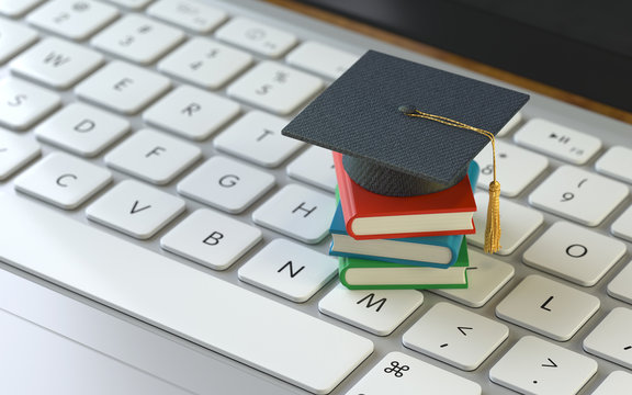 Education,Books and cap on the keyboard of a latop, 3d rendering,conceptual image. online education and learning concepts.