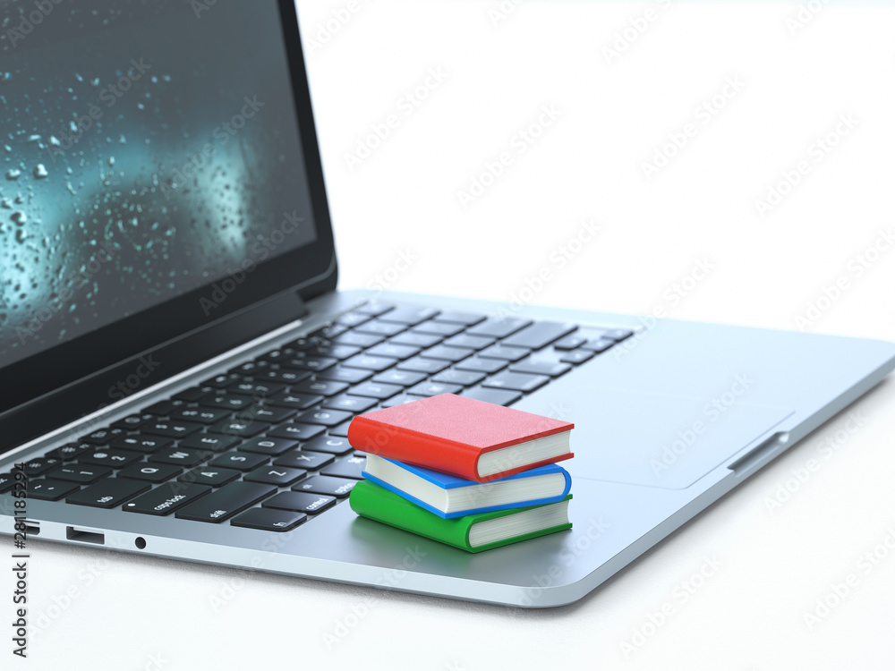 Aufkleber read,books on the keyboard of a latop, 3d rendering,conceptual image. learning and education concept