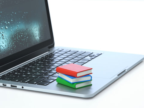 Read,books on the keyboard of a latop, 3d rendering,conceptual image. learning and education concepts.