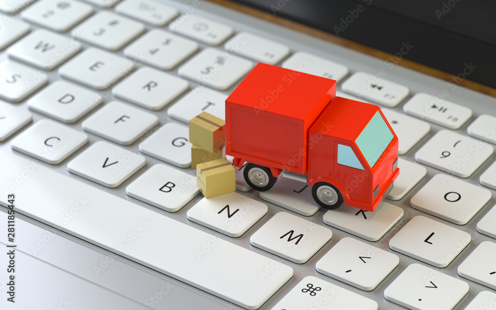 Poster express,truck on the keyboard of a latop, 3d rendering,conceptual image. delivery and transportation