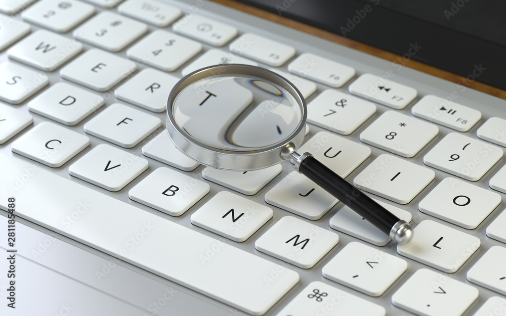 Aufkleber search,magnifier on the keyboard of a latop, 3d rendering,conceptual image.seo and searching concept