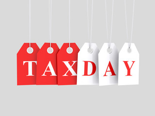 Tax day word text on red hanging etiquette