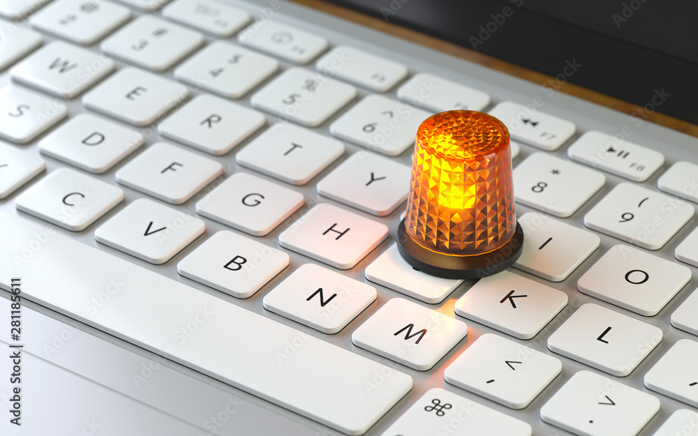 Aufkleber alert light on the keyboard of a latop, 3d rendering,conceptual image. danger and warning concepts.