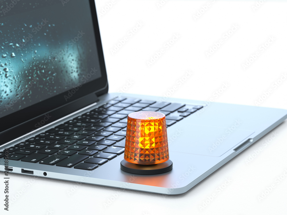 Aufkleber alert light on the keyboard of a latop, 3d rendering,conceptual image. danger and warning concepts.