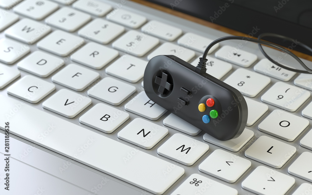 Aufkleber game,game controller on the keyboard of a latop, 3d rendering,conceptual image. video game and gamer