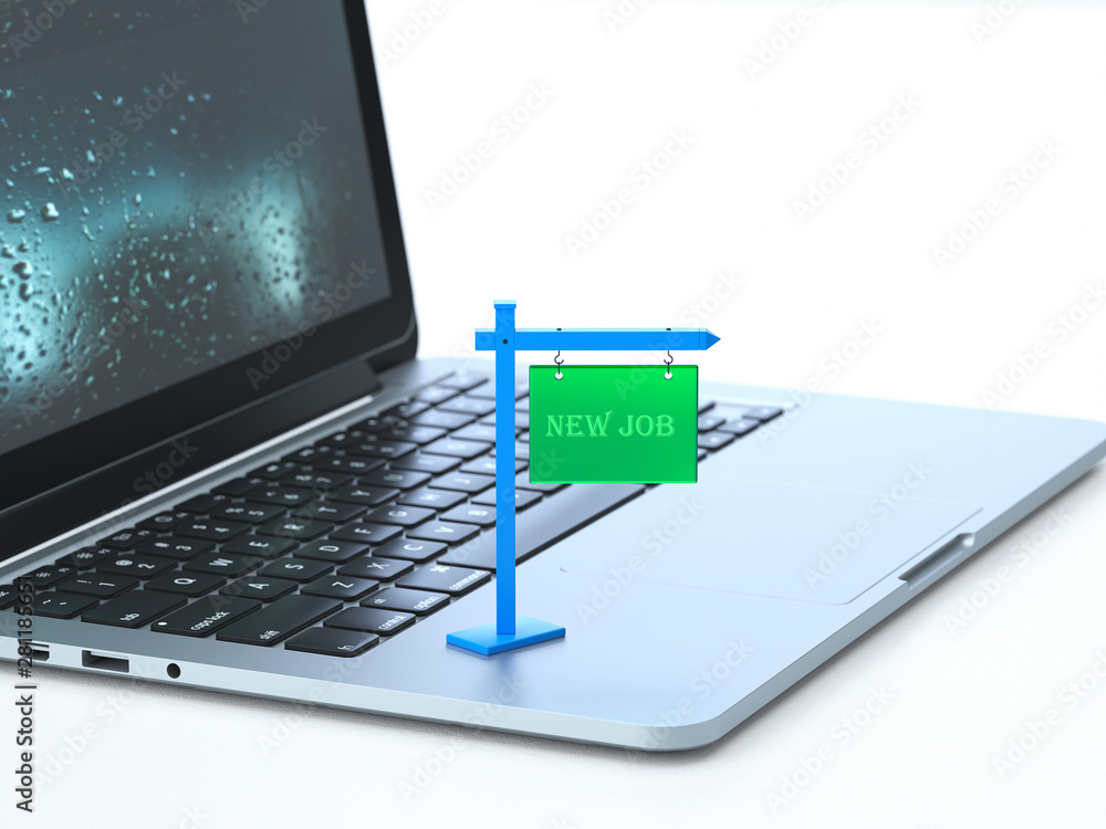 Poster new job,new job on the keyboard of a latop, 3d rendering,conceptual image. career and search job con
