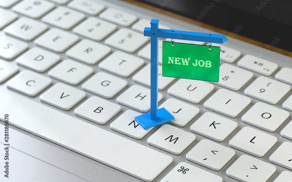 Poster new job,new job on the keyboard of a latop, 3d rendering,conceptual image. career and search job con
