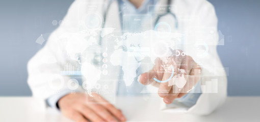 Doctor holding User interface screens with icon, stats and data 3d rendering