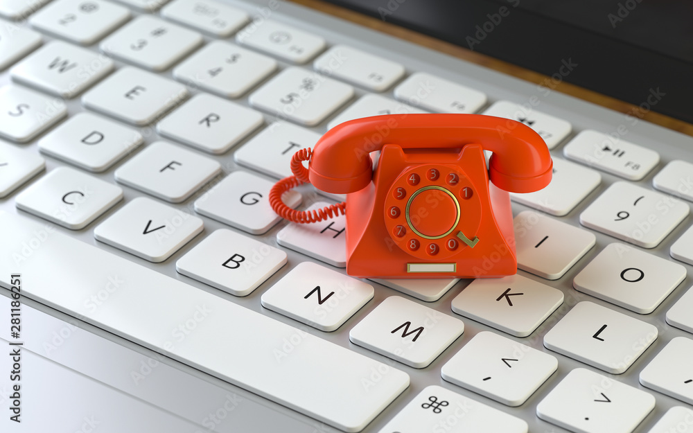 Poster service,telephone on the keyboard of a latop, 3d rendering,conceptual image. contact and support con