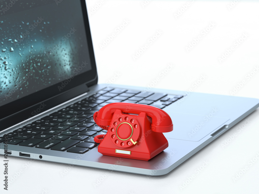 Poster service,telephone on the keyboard of a latop, 3d rendering,conceptual image. contact and support con