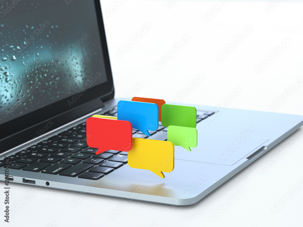 Poster bubble on the keyboard of a latop, 3d rendering,conceptual image. dialog and media concepts.