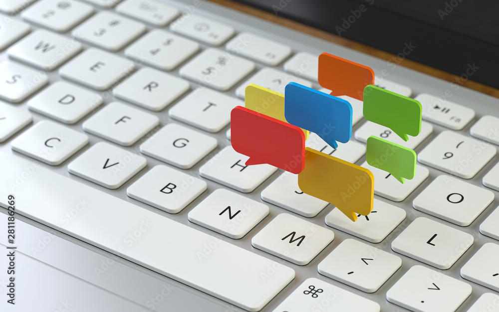 Poster bubble on the keyboard of a latop, 3d rendering,conceptual image. dialog and media concepts.