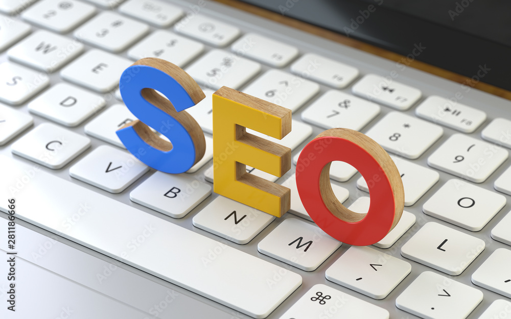 Poster seo symbol on the keyboard of a latop, 3d rendering,conceptual image. online search concepts.