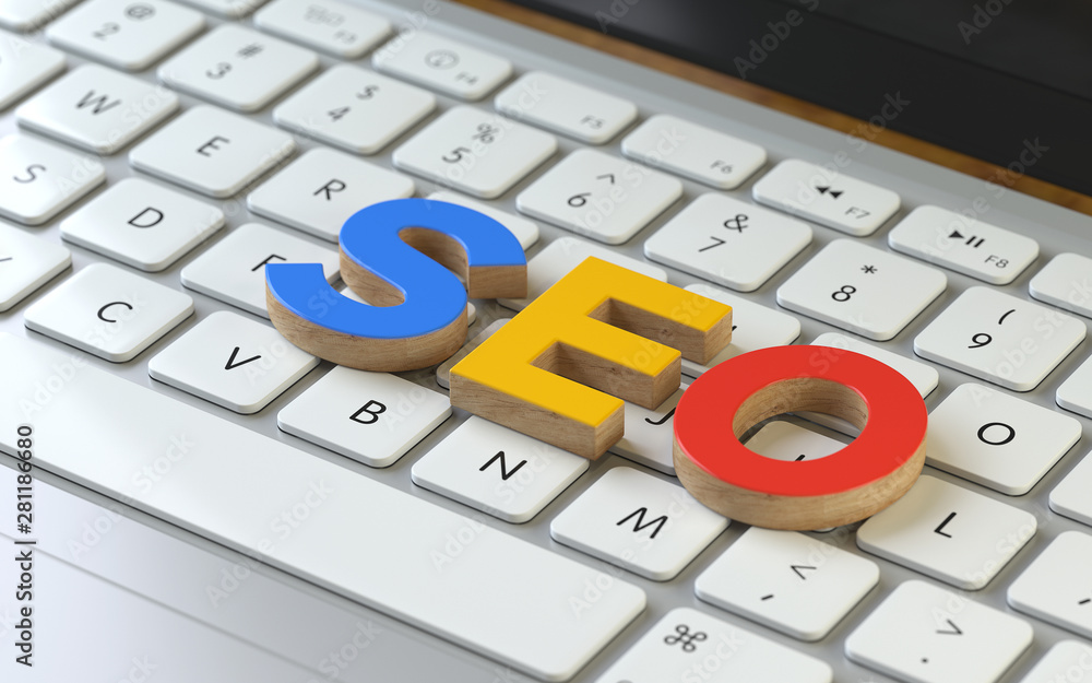 Aufkleber seo symbol on the keyboard of a latop, 3d rendering,conceptual image. online search concepts.