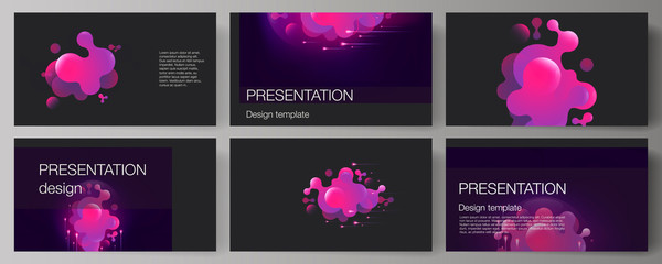The minimalistic abstract vector illustration of the editable layout of the presentation slides design business templates. Black background with fluid gradient, liquid pink colored geometric element.