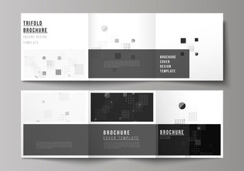 The black colored minimal vector illustration of editable layout. Modern creative covers design templates for trifold square brochure or flyer. Abstract vector background with fluid geometric shapes.