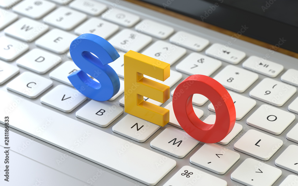 Poster seo symbol on the keyboard of a latop, 3d rendering,conceptual image. online search concepts.