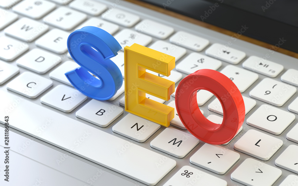 Aufkleber seo symbol on the keyboard of a latop, 3d rendering,conceptual image. online search concepts.