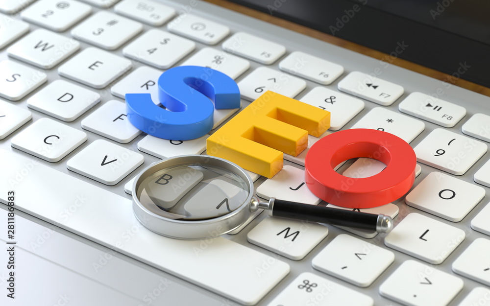 Poster seo symbol on the keyboard of a latop, 3d rendering,conceptual image. online search concepts.