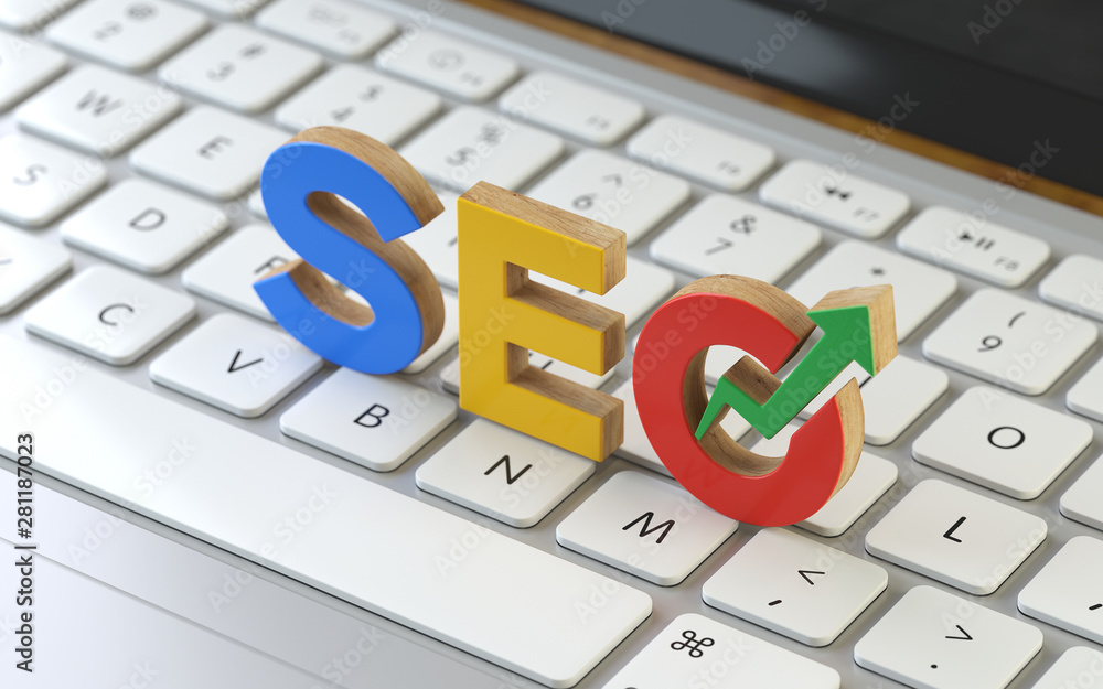 Aufkleber seo symbol on the keyboard of a latop, 3d rendering,conceptual image. online search concepts.