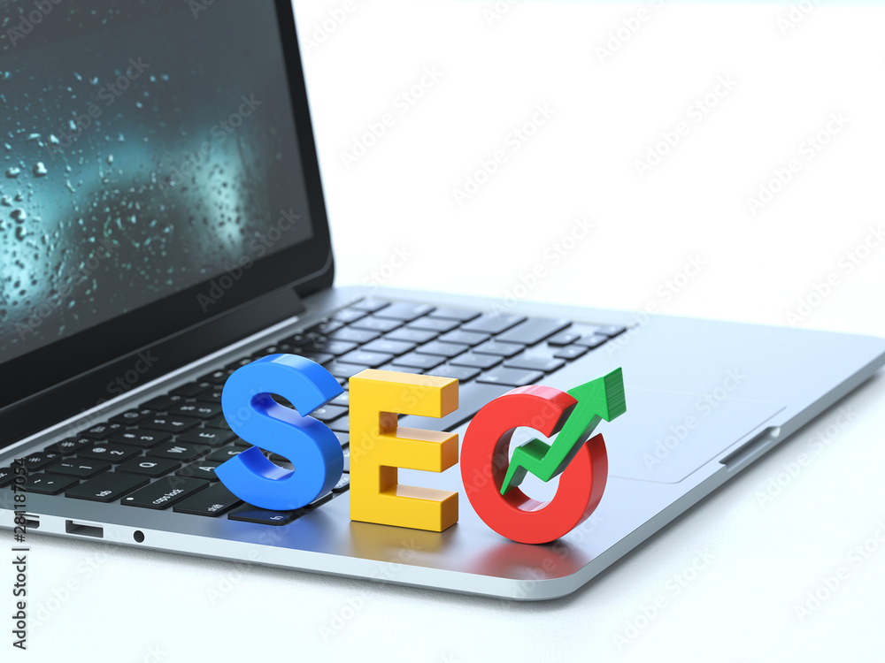 Aufkleber seo symbol on the keyboard of a latop, 3d rendering,conceptual image. online search concepts.