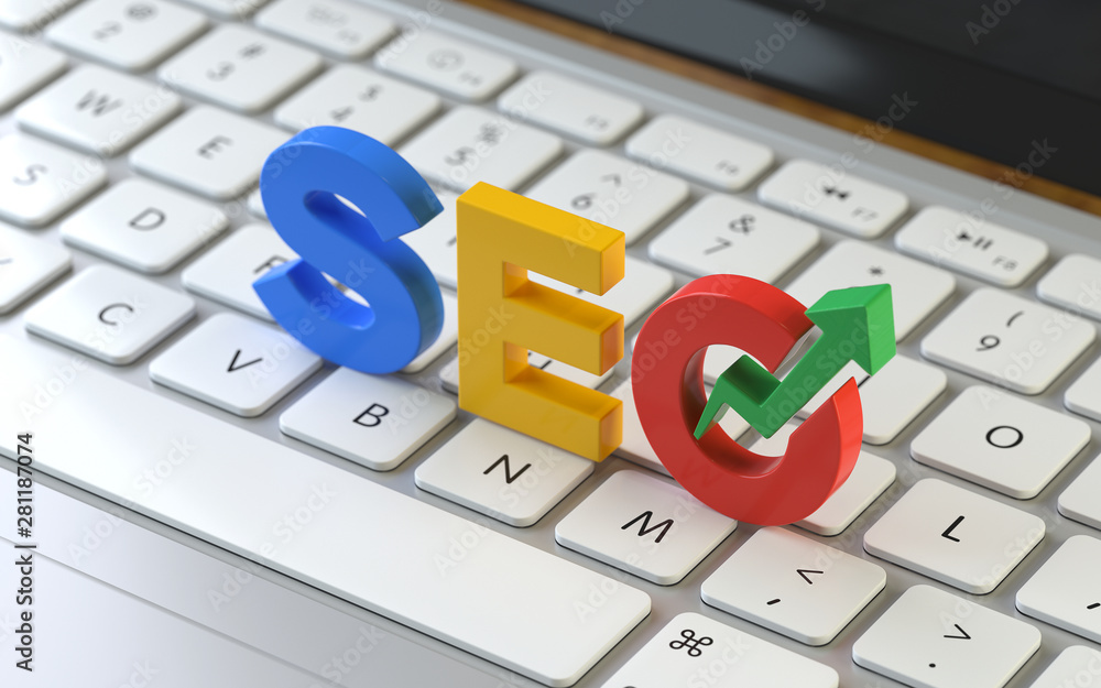 Aufkleber seo symbol on the keyboard of a latop, 3d rendering,conceptual image. online search concepts.