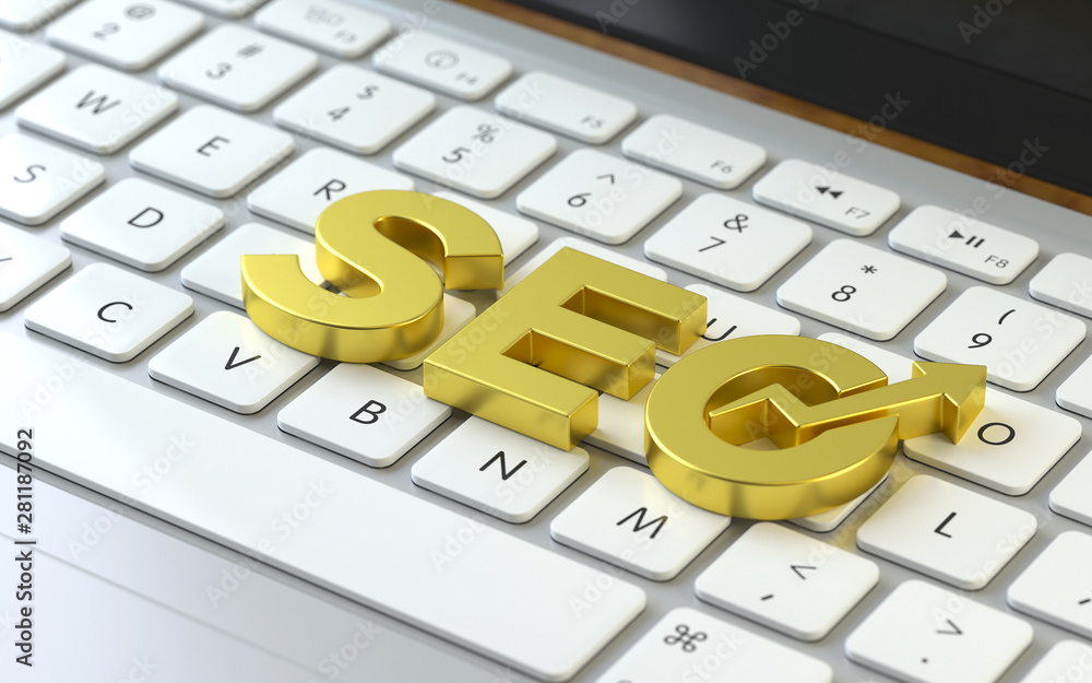 Poster seo symbol on the keyboard of a latop, 3d rendering,conceptual image. online search concepts.