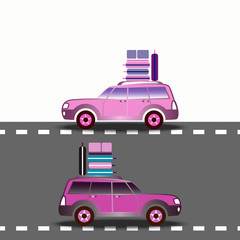 Two cars with suitcases driving on the highway