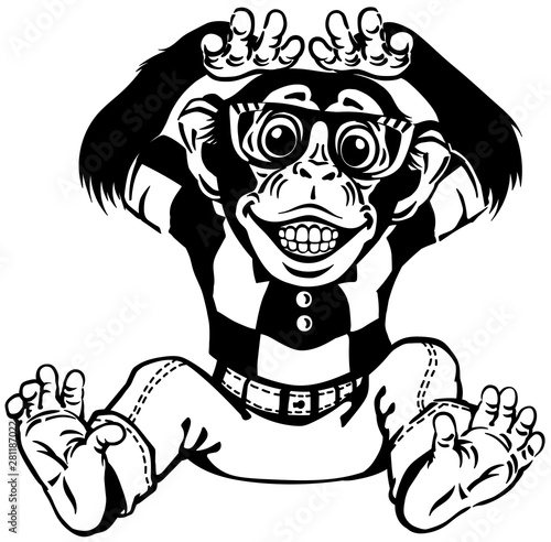 Cartoon Chimp Great Ape Or Chimpanzee Monkey Wearing Glasses And Smiling With A Big Smile On Face Showing Teeth Positive And Happy Emotion Front View Black And White Vector Illustration Adorable Wall